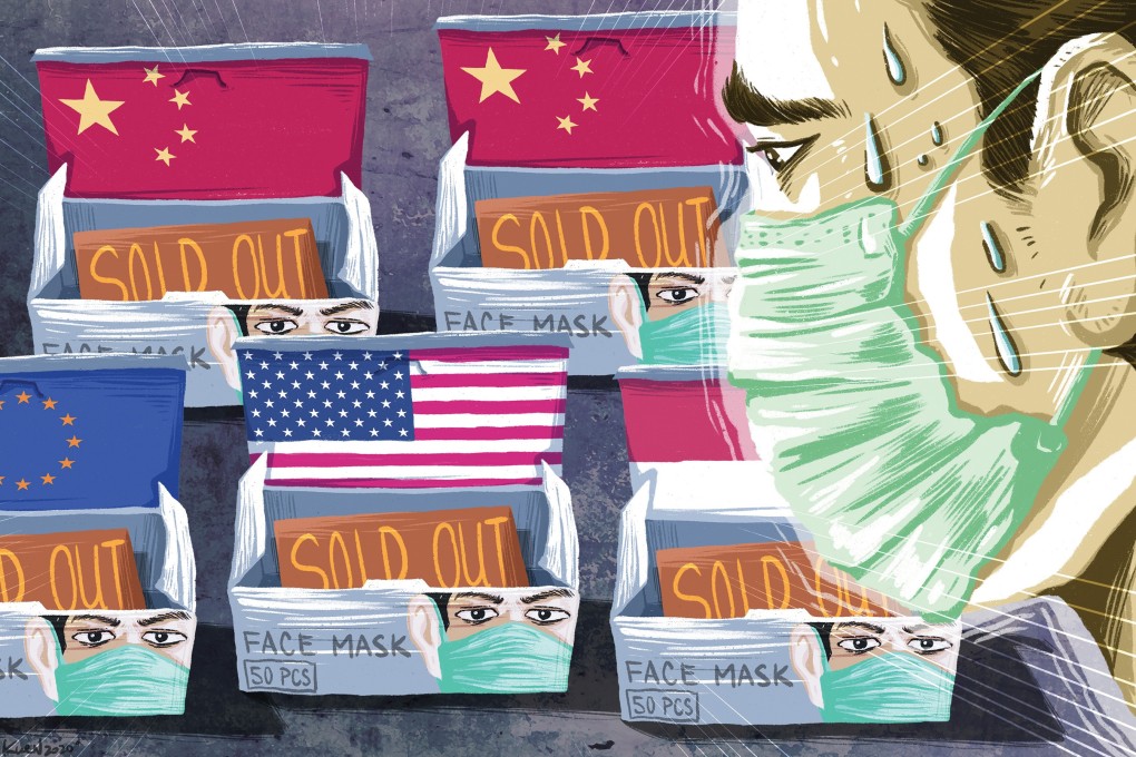 Demand for masks due to the coronavirus outbreak has exhausted China’s stockpile and emptied shelves around the world. Illustration: Lau Ka-kuen