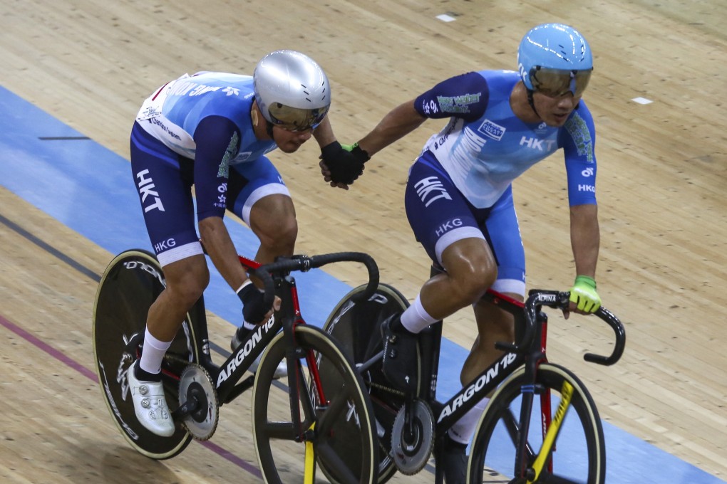 Leung Chun-wing (left) and his partner Cheung King-lok in the men’s madison at the track World Cup Hong Kong leg. Photo: Jonathan Wong