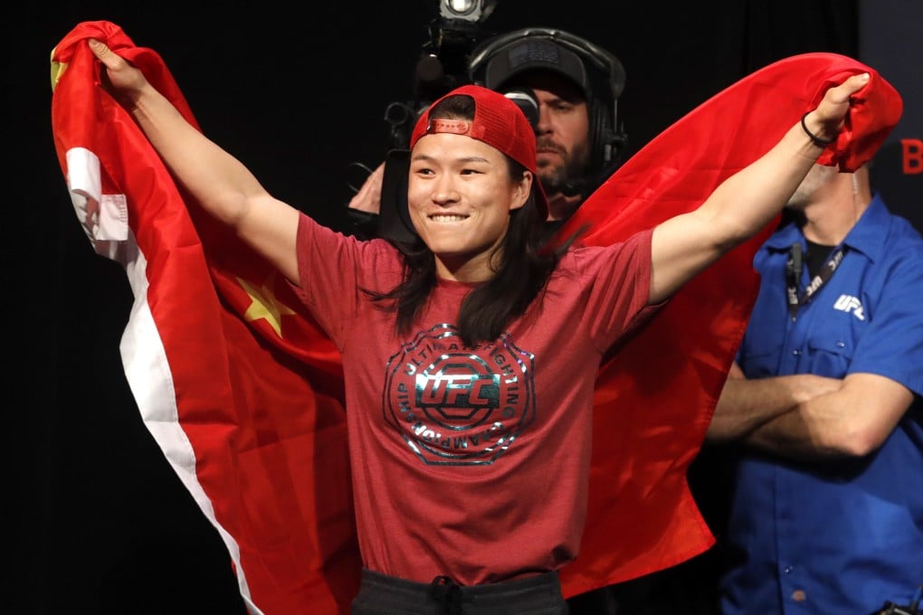 UFC women’s strawweight champion Zhang Weili, of China, arrives for the UFC 248 ceremonial weigh-in at T-Mobile Arena in Las Vegas. Photo: AP