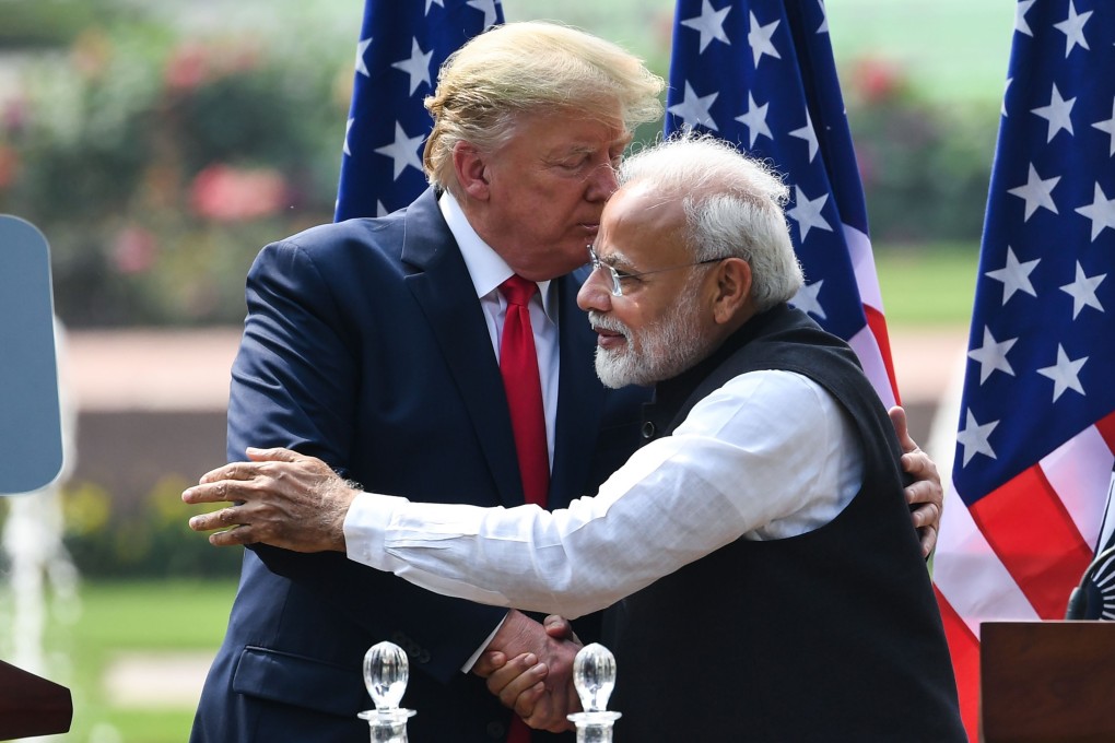 US President Donald Trump and India's Prime Minister Narendra Modi hug during a press conference in New Delhi, India, on February 25. Photo: AFP