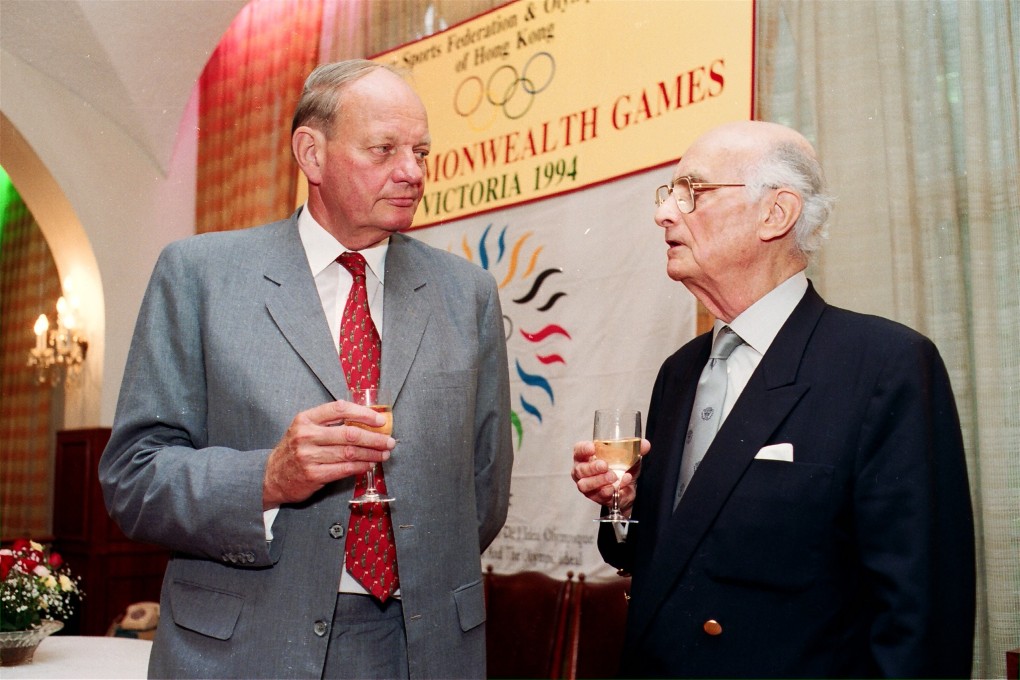 A de O Sales (right) with former SDB chairman David Gledhill during a 1994 Commonwealth Games send-off function. Photo: SCMP