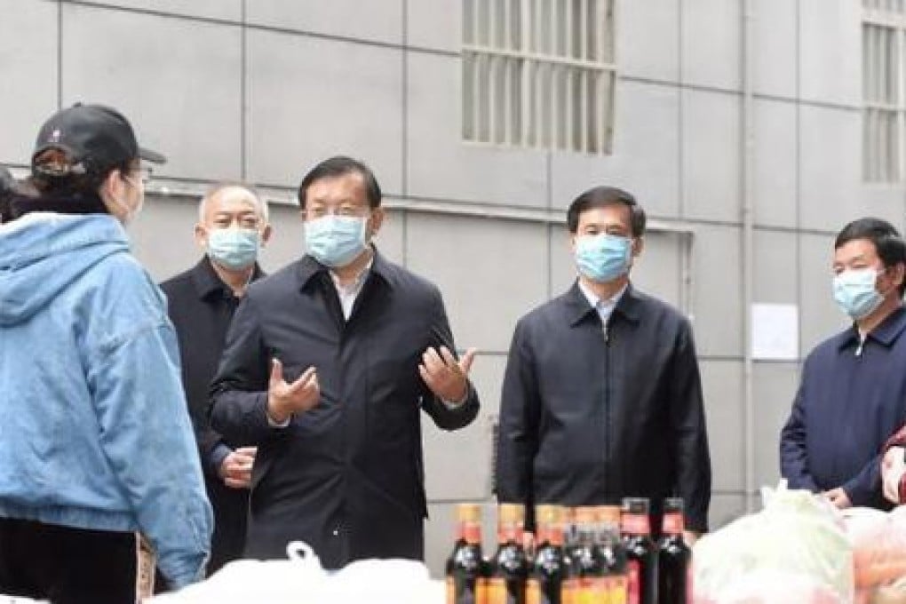 Wuhan party secretary Wang Zhonglin (third from left) pictured on a visit to medical workers. Photo: Handout