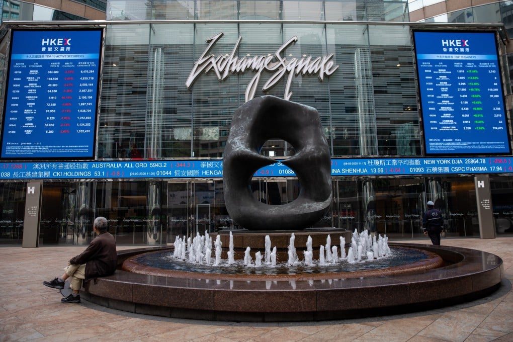 Electronic billboards display the Hang Seng Index at Exchange Square in Hong Kong on 9 March 2020. Photo: EPA-EFE