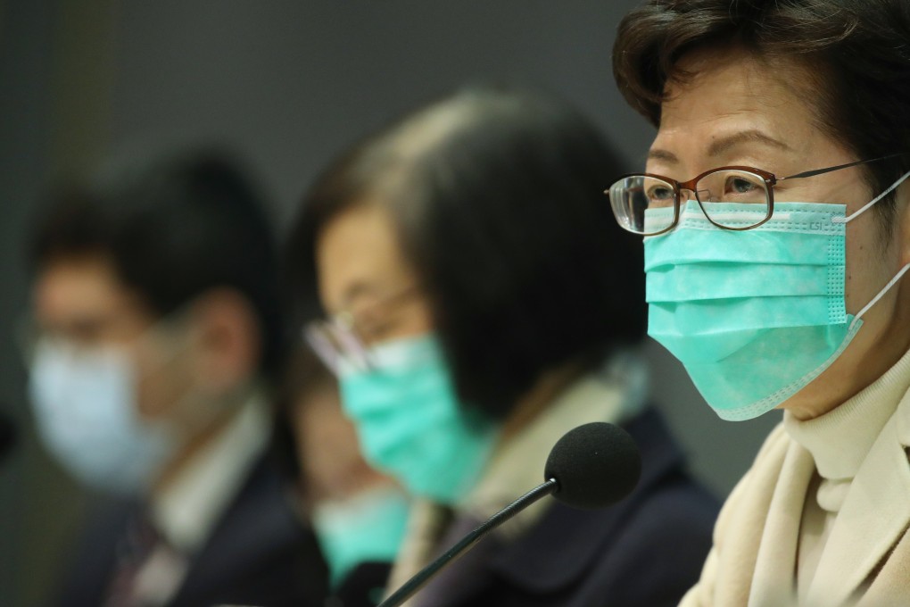 Chief Executive Carrie Lam joins top officials in meeting the media at the government headquarters in Admiralty on January 31, amid a coronavirus outbreak. Lam’s popularity rating recently hit a new low. Photo: Winson Wong