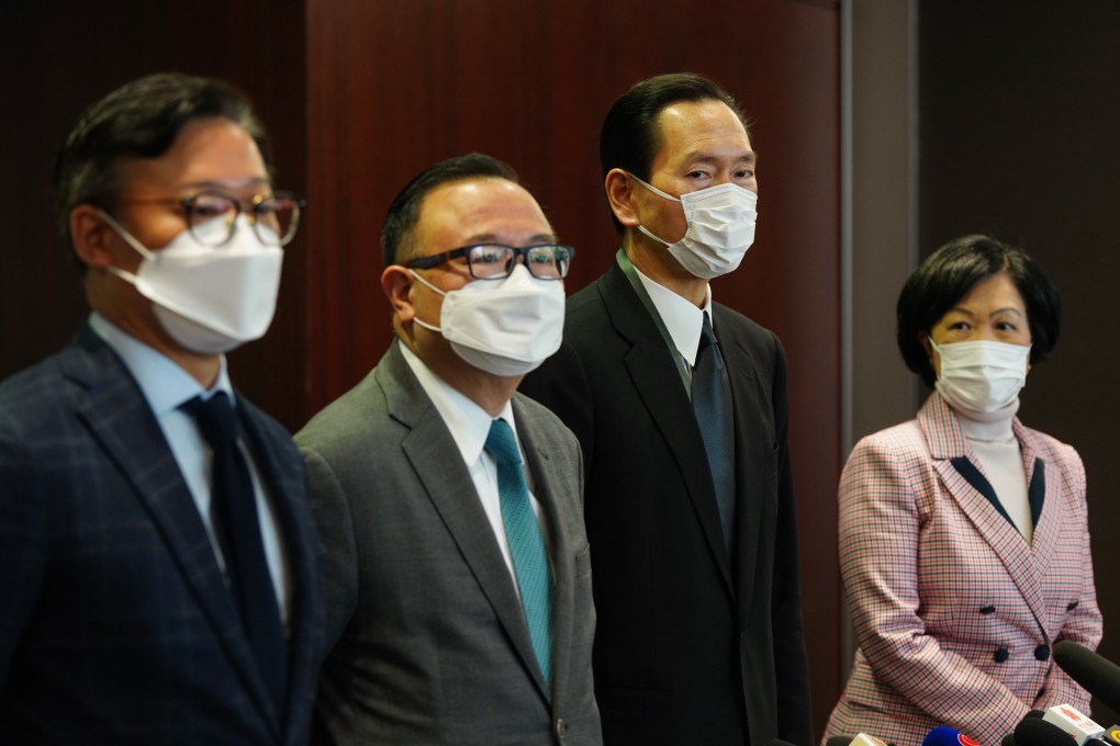 Hong Kong Executive Council members meet the press after their return from California, where they met US officials. From left Horace Cheung, Martin Liao Cheung-kong, Bernard Chan and Regina Ip. Photo: Sam Tsang