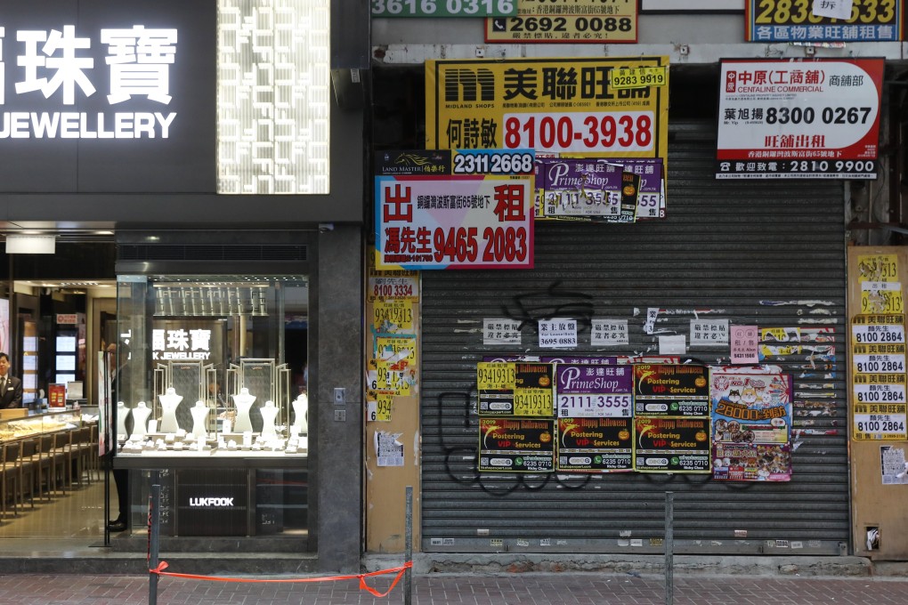 A shop standing vacant next to one of Hong Kong’s largest chain of jewellers, devoid of customers, in Causeway Bay on 31 October 2019. Photo: Nora Tam