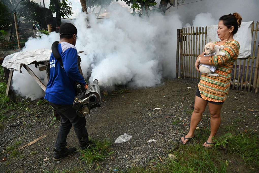 A woman holding her pet dog watches a municipal employee operating a fogging machine to kill mosquito larvae to fight the spread of dengue in the Philippines in 2019. Photo: AFP