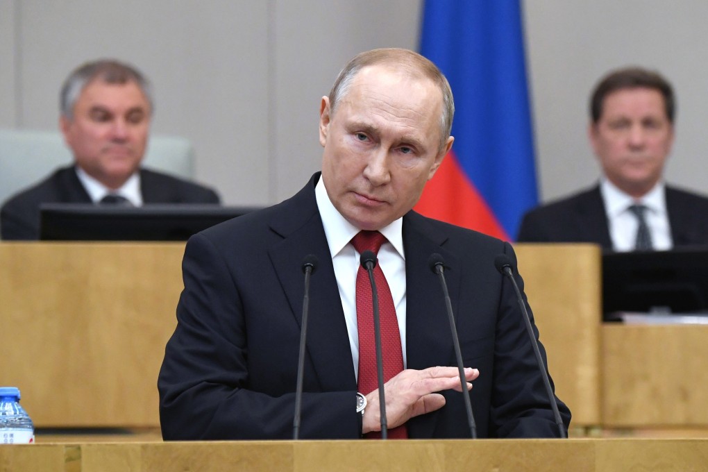 Russian President Vladimir Putin speaks at the State Duma in Moscow on Tuesday. Photo: EPA-EFE