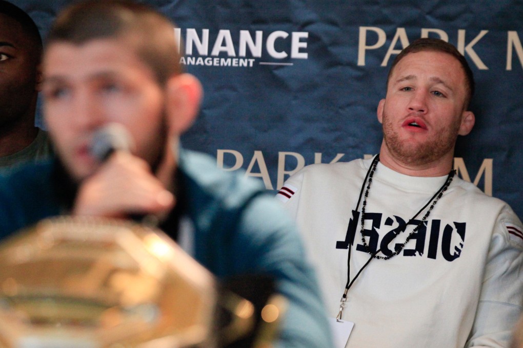 Justin Gaethje looks on as Khabib Nurmagomedov talks at a Dominance MMA media day in Las Vegas. Photos: Amy Kaplan