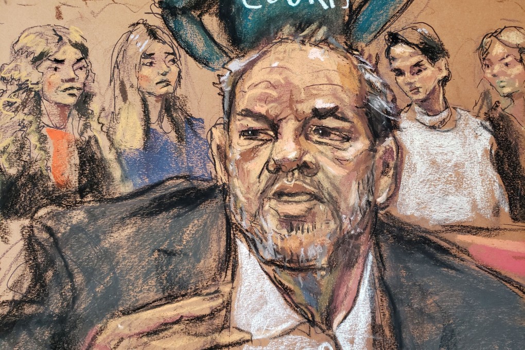 A courtroom sketch shows Harvey Weinstein speaking as witnesses watch during the sentencing following his conviction on sexual assault and rape charges in New York on Wednesday. Image: Jane Rosenberg via Reuters