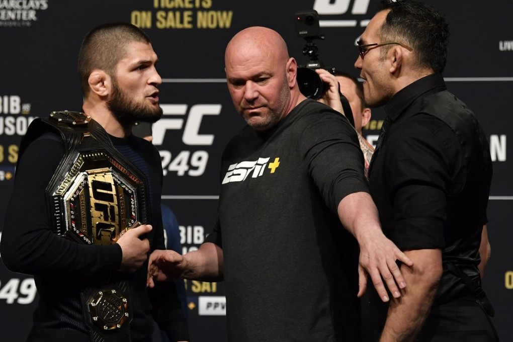 Khabib Nurmagomedov faces off with Tony Ferguson during the UFC 249 press conference at T-Mobile Arena in Las Vegas. Photo: Jeff Bottari/Zuffa LLC