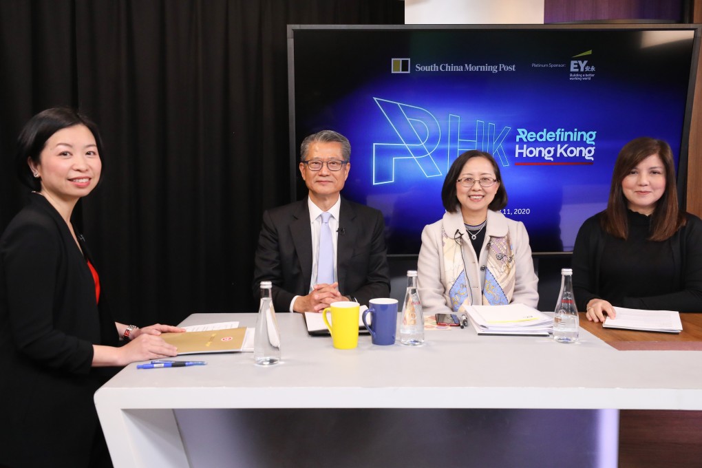 (From left) Olga Wong, Hong Kong news editor at the Post, Financial Secretary Paul Chan, EY managing partner Agnes Chan, and Zuraidah Ibrahim, the Post’s deputy executive editor. Photo: Nora Tam