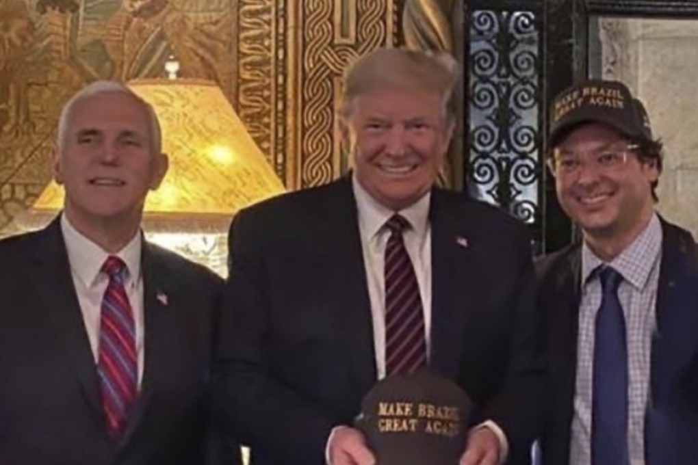 This image posted from Fábio Wajngarten’s Instagram account shows (from left) Vice-President Mike Pence, President Donald Trump and Wajngarten, posing for a photo at Mar-a-Lago in Palm Beach, Florida. Photo: Instagram via AP