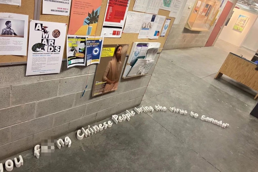 An artwork in the Sheridan College Institute of Technology and Advanced Learning in Ontario, Canada, that reads “You f**king Chinese people bring the virus to Canada" has incensed the local Chinese-Canadian community. Photo: WeChat via Alex Lo, pixelation by SCMP