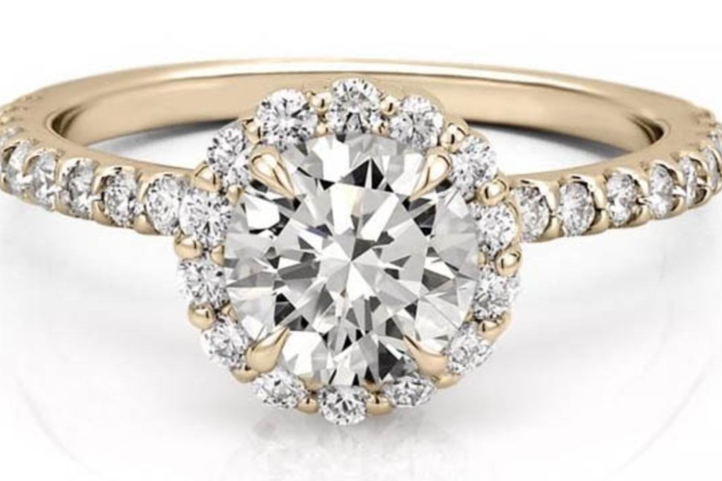 A Da Amore halo engagement ring with pave diamonds. The brand is one of a number selling ethically and sustainably produced rings targeted at millennial and Generation Z customers.