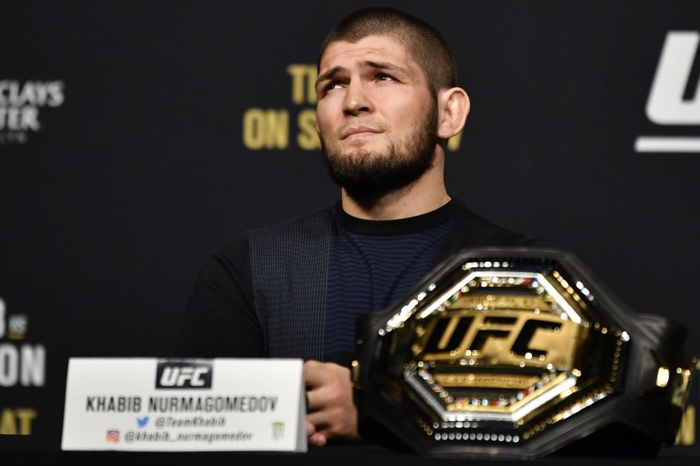 Khabib Nurmagomedov interacts with media during the UFC 249 press conference at T-Mobile Arena in Las Vegas, Nevada. Photo: Jeff Bottari/Zuffa LLC