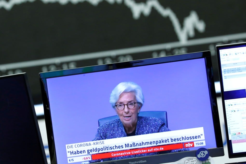 A television broadcast showing Christine Lagarde, president of the European Central Bank, is pictured during a trading session at Frankfurt’s stock exchange on March 12. Photo: Reuters