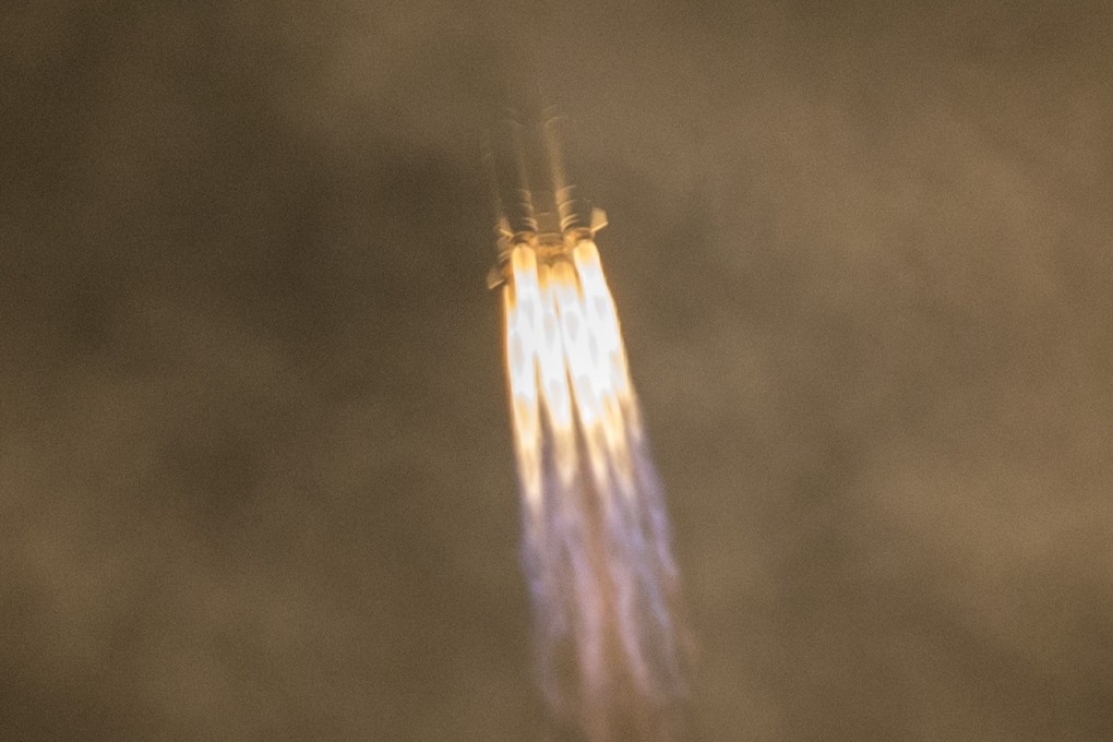 The Long March-7A rocket shoots into the clouds after it was launched on Monday night. Photo: China News Service
