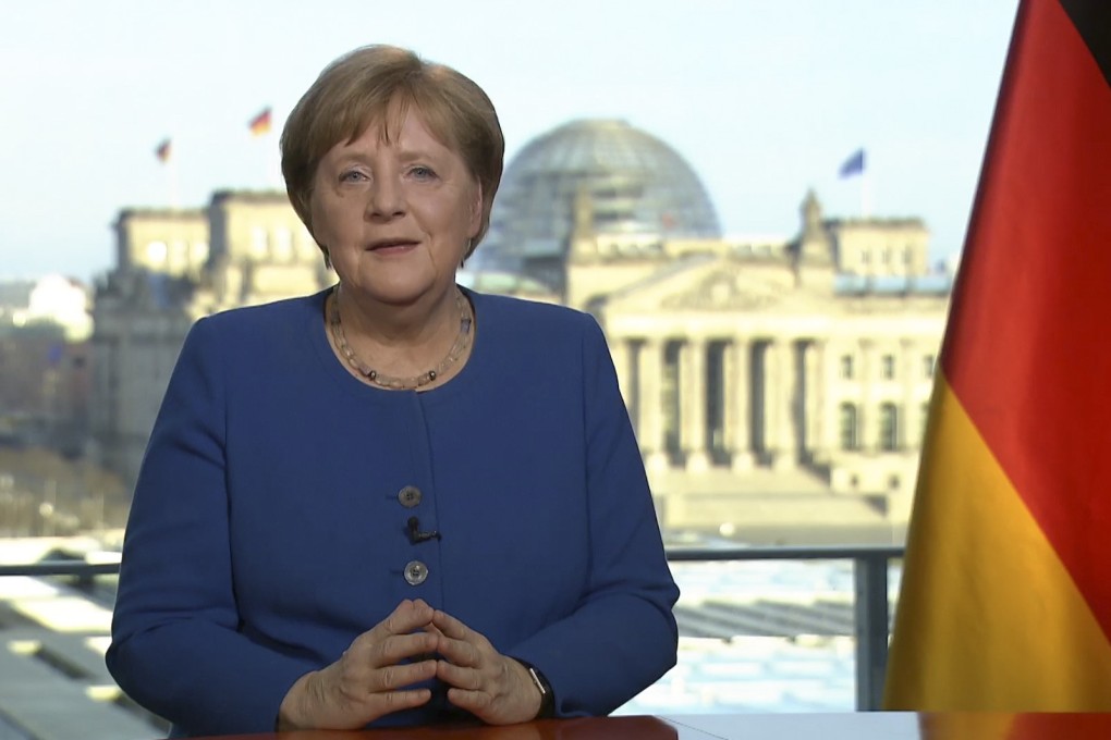 German Chancellor Angela Merkel addresses the nation on the spread of the new coronavirus in a televised speech from the Chancellery on Wednesday. Photo: ARD via AFP