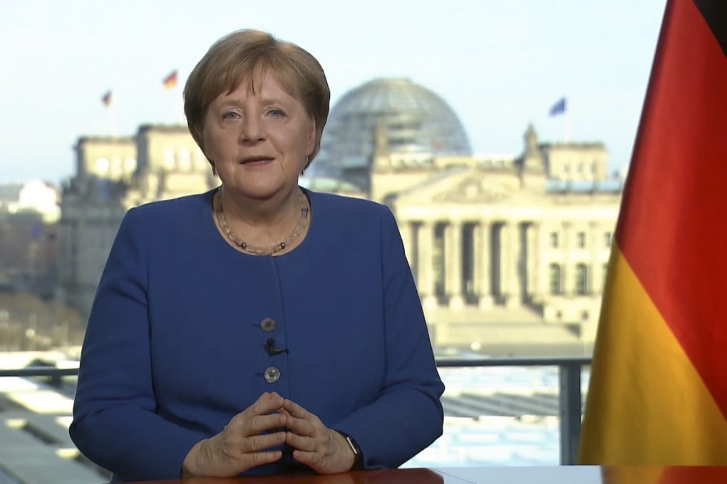 German Chancellor Angela Merkel addresses the nation on the spread of the new coronavirus in a televised speech from the Chancellery on Wednesday. Photo: ARD via AFP