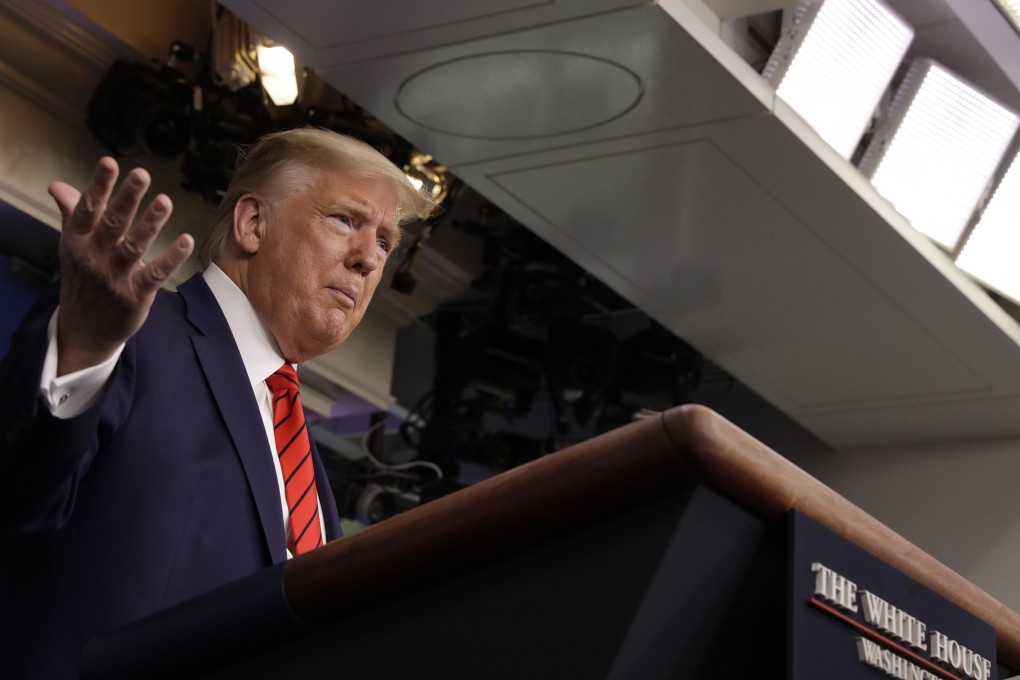 US President Donald Trump during a coronavirus news briefing Thursday at the White House. Photo: Abaca Press via TNS
