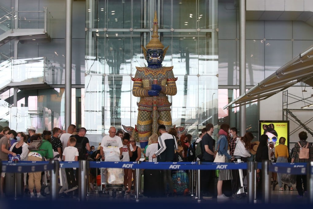 European passengers wait in line at Thailand’s Suvarnabhumi international airport on Wednesday. Photo: EPA-EFE