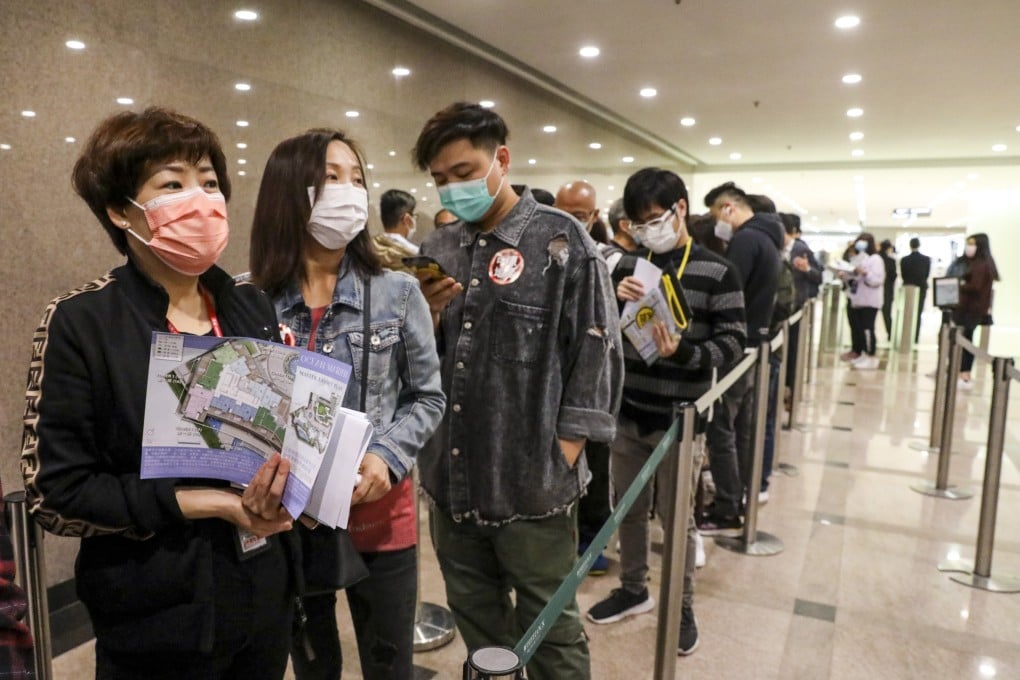 Potential buyers for the 102 flats in the second batch of Wheelock Properties’ Ocean Marini project in Lohas Park, Tseung Kwan O, on March 21. Photo: Dickson Lee