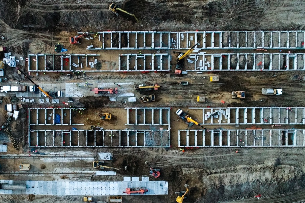 An aerial view of the construction site for the new hospital outside Moscow, on Thursday. Photo: Sputnik via Xinhua