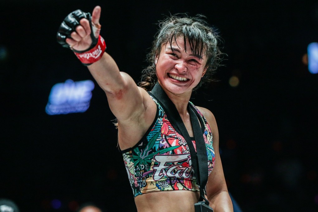 One Championship star Stamp Fairtex celebrates her win over Puja Tomar in January. Photo: Handout