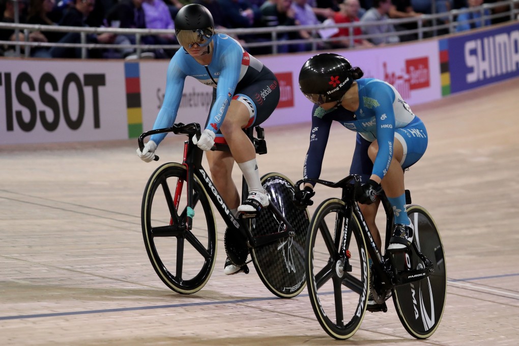Sarah Lee (right) takes on Canada’s Kelsey Mitchell on her way to the bronze in the women’s sprint at the Berlin world championships. Photo: EPA