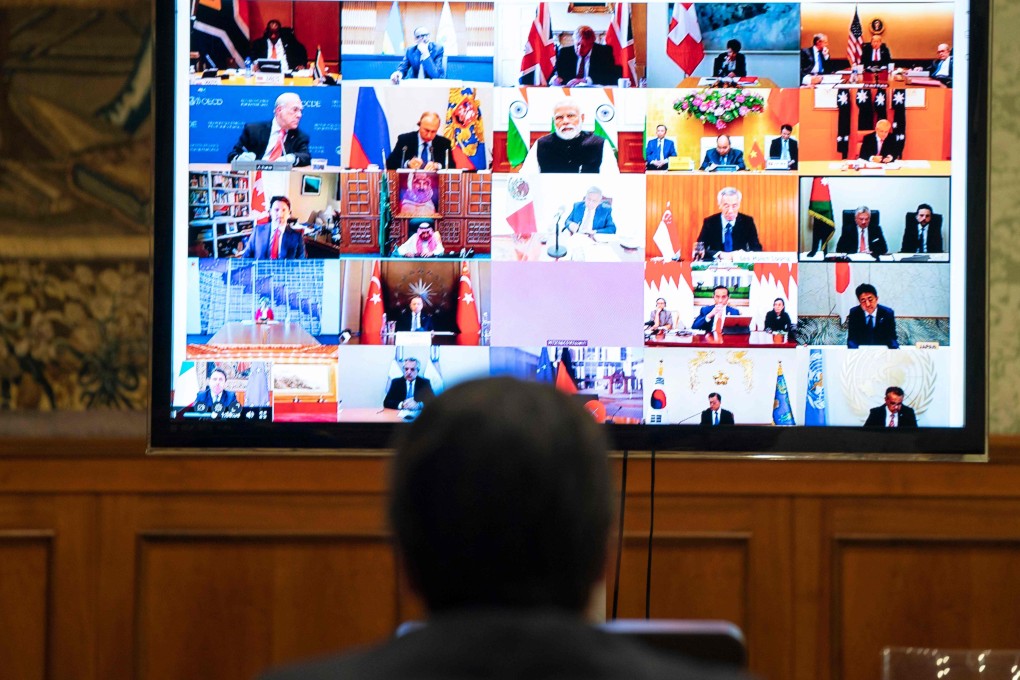 Italian Prime Minister Giuseppe Conte takes part in a videoconference as part of an extraordinary meeting of G20 leaders, from the Chigi Palace in Rome on Thursday. Photo: Palazzo Chigi press office via AFP