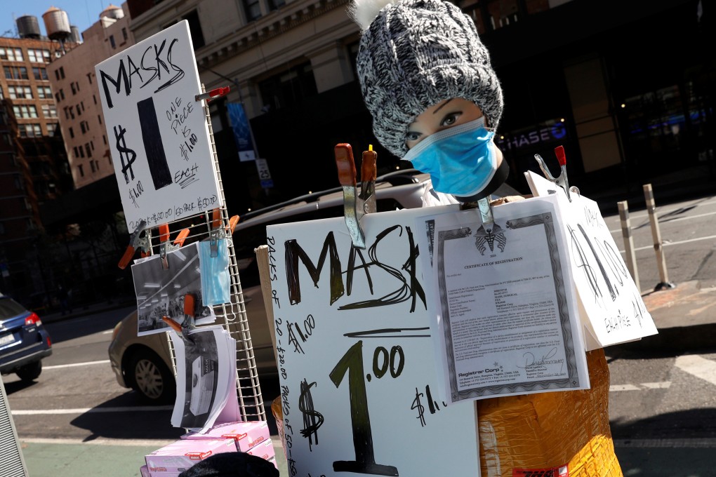 A vendor selling surgical masks displays a mannequin on a street corner in Manhattan on Friday. Photo: Reuters