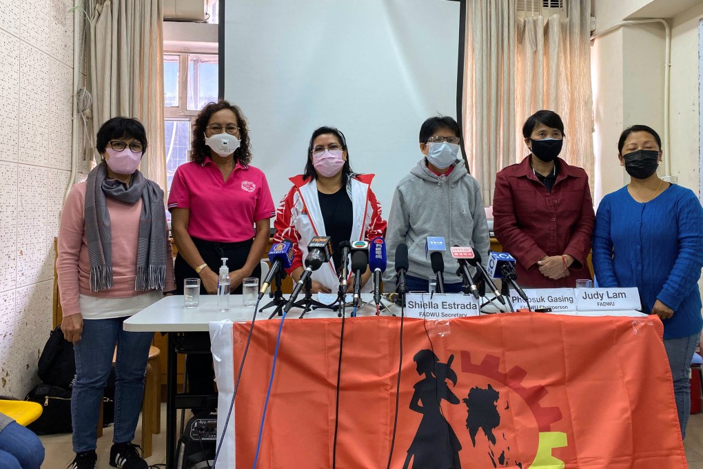 The Hong Kong Federation of Asian Domestic Workers Unions (FADWU) at press conference to urge the government to specify arrangements for domestic helpers whose employers undergo home quarantine. Photo: Fiona Sun