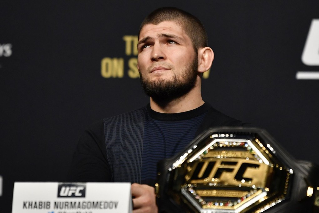 Khabib Nurmagomedov speaks at the UFC 249 press conference in Las Vegas in March. Photo: Zuffa