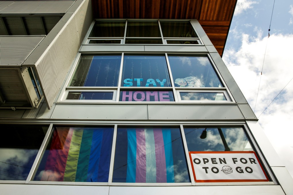 A “stay home” sign in Seattle. Aggressive measures to slow the coronavirus epidemic in the Pacific northwest city are showing positive results. Photo: Reuters