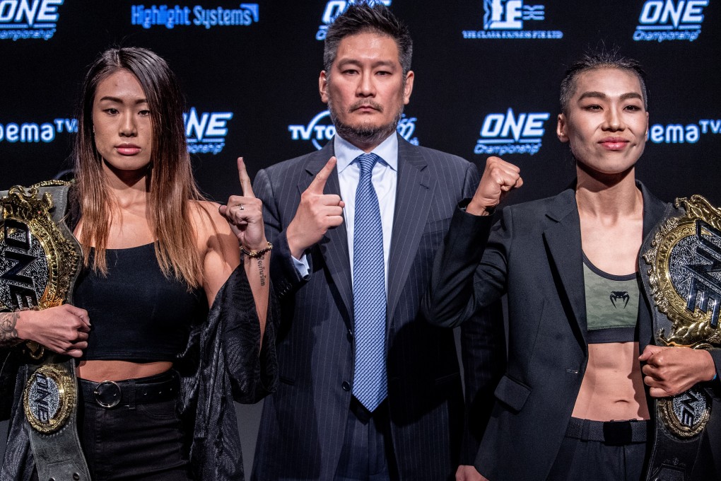 One Championship CEO Chatri Sityodtong is flanked by Angela Lee (left) and Xiong Jingnan ahead of their rematch in Tokyo. Photos: One Championship