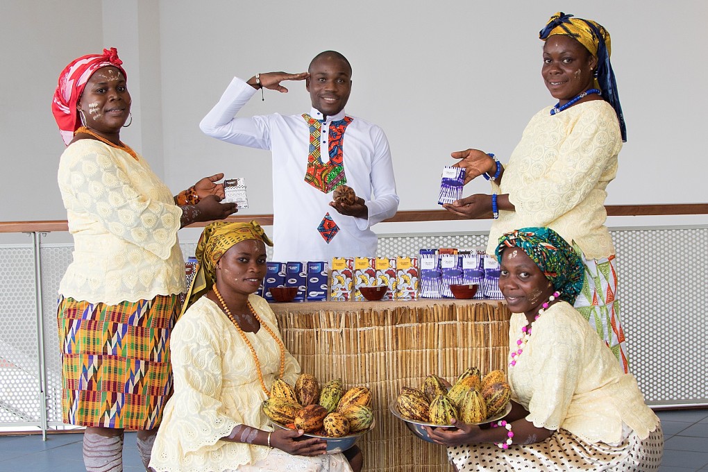 Axel Emmanuel (centre) with handcrafted Le Chocolatier Ivoirien products. The former banker from Ivory Coast could not believe there was no African chocolate brand despite the continent producing 75 per cent of the world’s cocoa beans, a raw ingredient in chocolate. Photo: InterContinental Hong Kong
