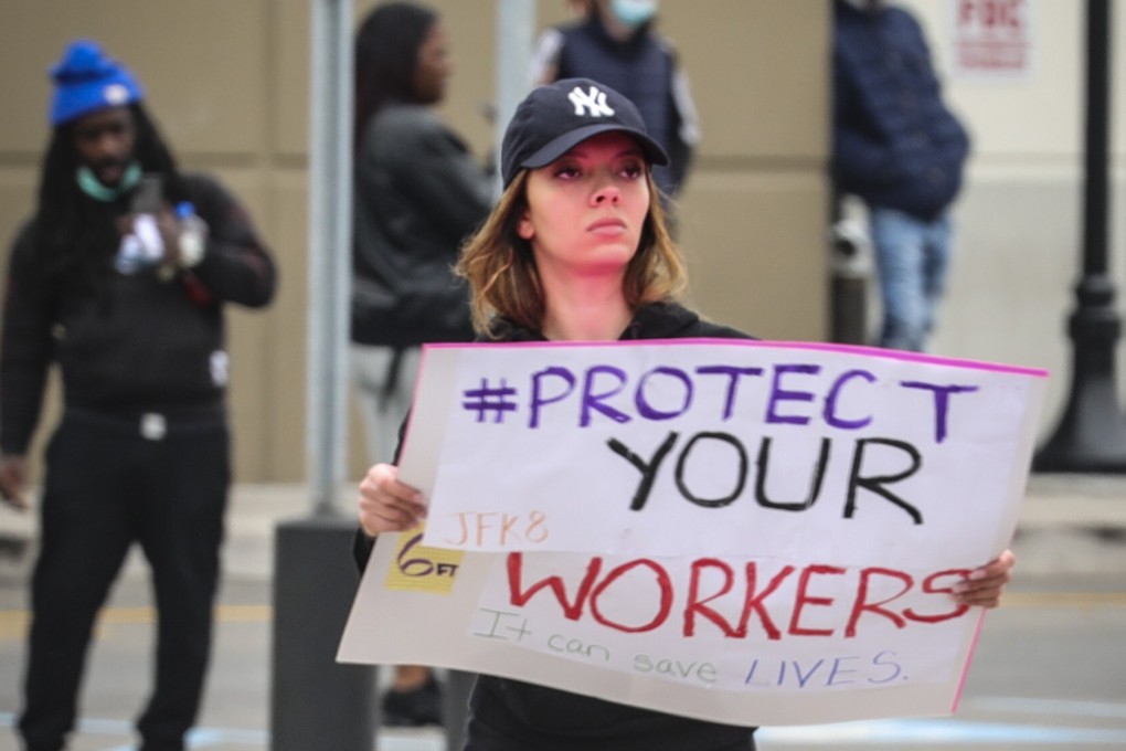 A worker at Amazon’s fulfilment centre in Staten Island, New York protests against work conditions in the company’s warehouse on Monday. Photo: AP
