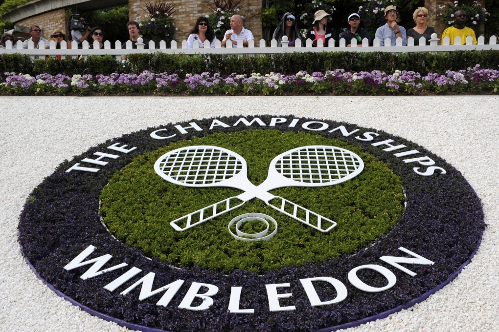 A Wimbledon logo inside the grounds at the Wimbledon tennis championships in London. Photo: Reuters