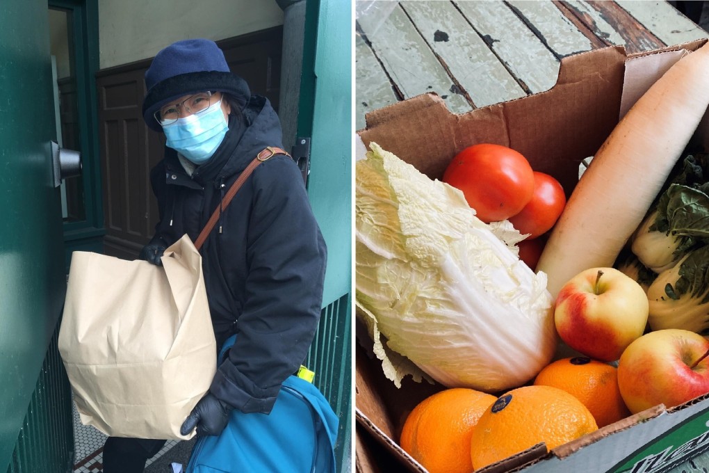 A recipient of the Chinatown Care Packages program takes delivery of groceries in Vancouver on Tuesday, March 31, 2020. The packages consist of a week's worth of fruit and vegetables. Photos: Chinatown Care Packages