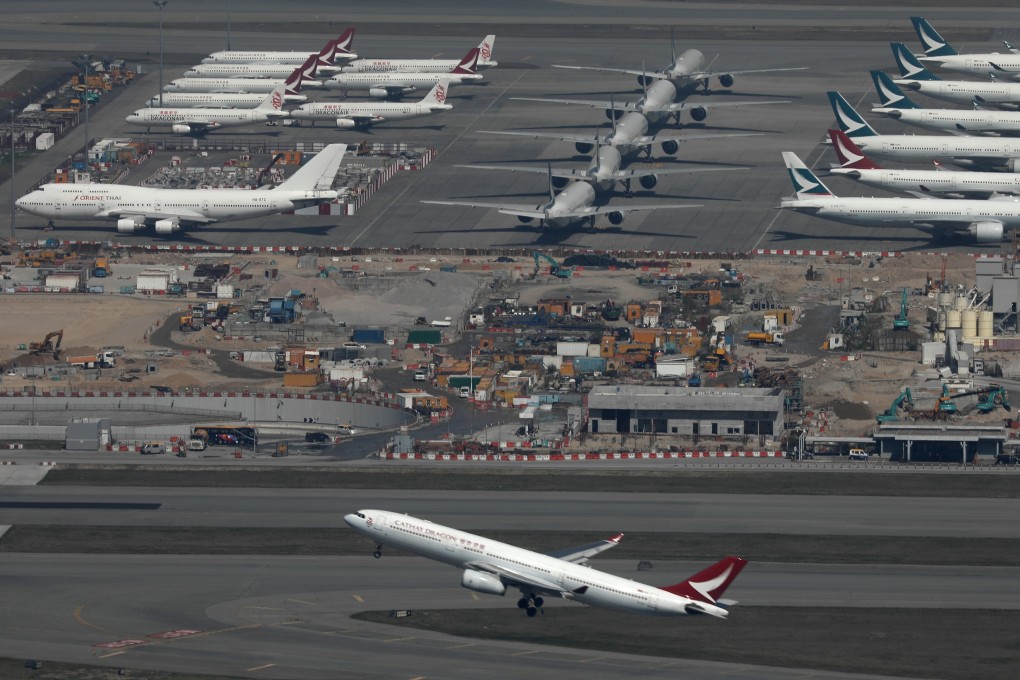 Many taxiways at Hong Kong International Airport are being used to hold grounded planes. Photo: Sam Tsang