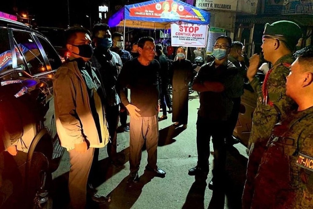 Philippine President Rodrigo Duterte visits a military checkpoint during the coronavirus lockdown. Photo: Presidential Security Group