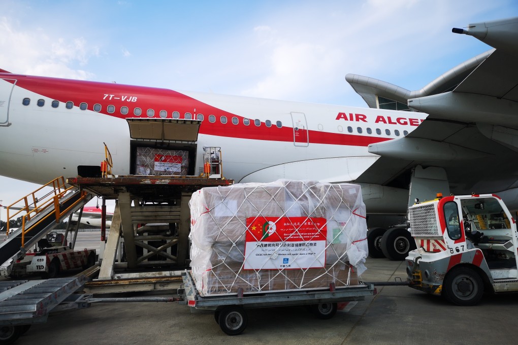 A plane carrying a 13-member Chinese medical team and equipment, including respirators, worth around US$450,000 arrives in Algiers on March 27. Photo: Xinhua