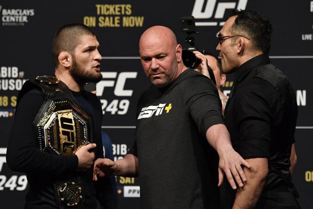 Dana White separates Khabib Nurmagomedov (left) and Tony Ferguson during the UFC 249 press conference at T-Mobile Arena on March 6 in Las Vegas. Photo: Jeff Bottari/Zuffa LLC