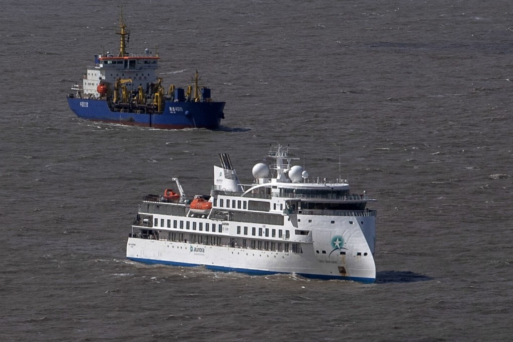 Australian cruise ship Greg Mortimer, bottom, pictured off the port of Montevideo on Tuesday. Photo: AFP