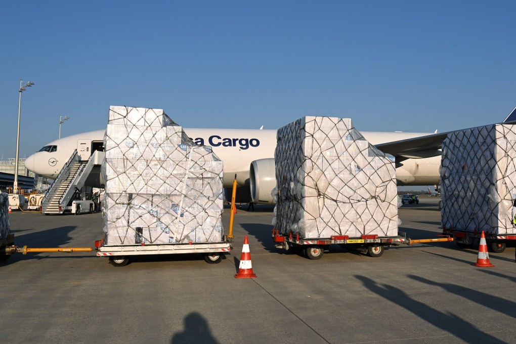 A batch of 8 million protective masks from China being unloaded from a Lufthansa jet in Munich, Germany, this week. Photo: AFP