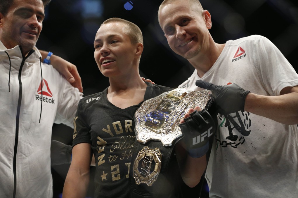 Rose Namajunas celebrates with the belt after defeating Joanna Jedrzejczyk at UFC 217 at Madison Square Garden. Photo: USA TODAY Sports