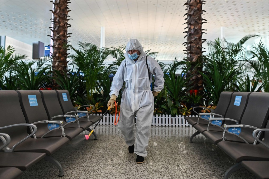 A worker sprays disinfectant at Wuhan’s Tianhe Airport after it was reopened. Last week, the White House and Republican politicians rounded on US government-funded Voice of America for showing footage of people celebrating the end of Wuhan’s lockdown. Photo: AFP