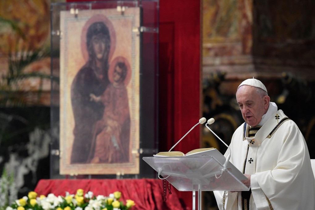 Pope Francis attends Easter Sunday Mass in St. Peter’s Basilica at the Vatican. Photo: AFP