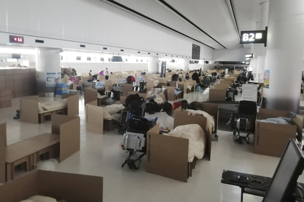 Cardboard beds at Narita airport near Tokyo set up for people who have to wait for the results of government coronavirus quarantine checks. Photo: AP